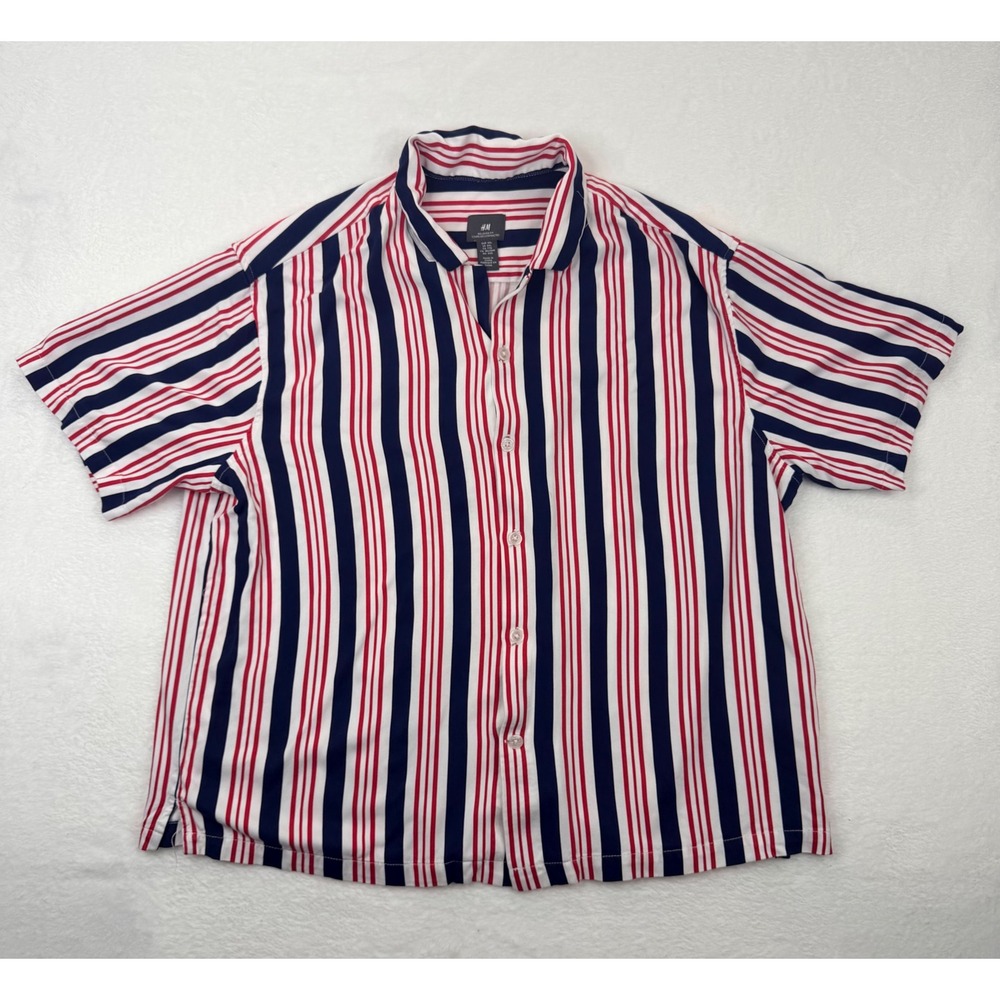HM Mens Relaxed Fit Vertical Stripe Short Sleeve Viscose Button Down Shirt XXL